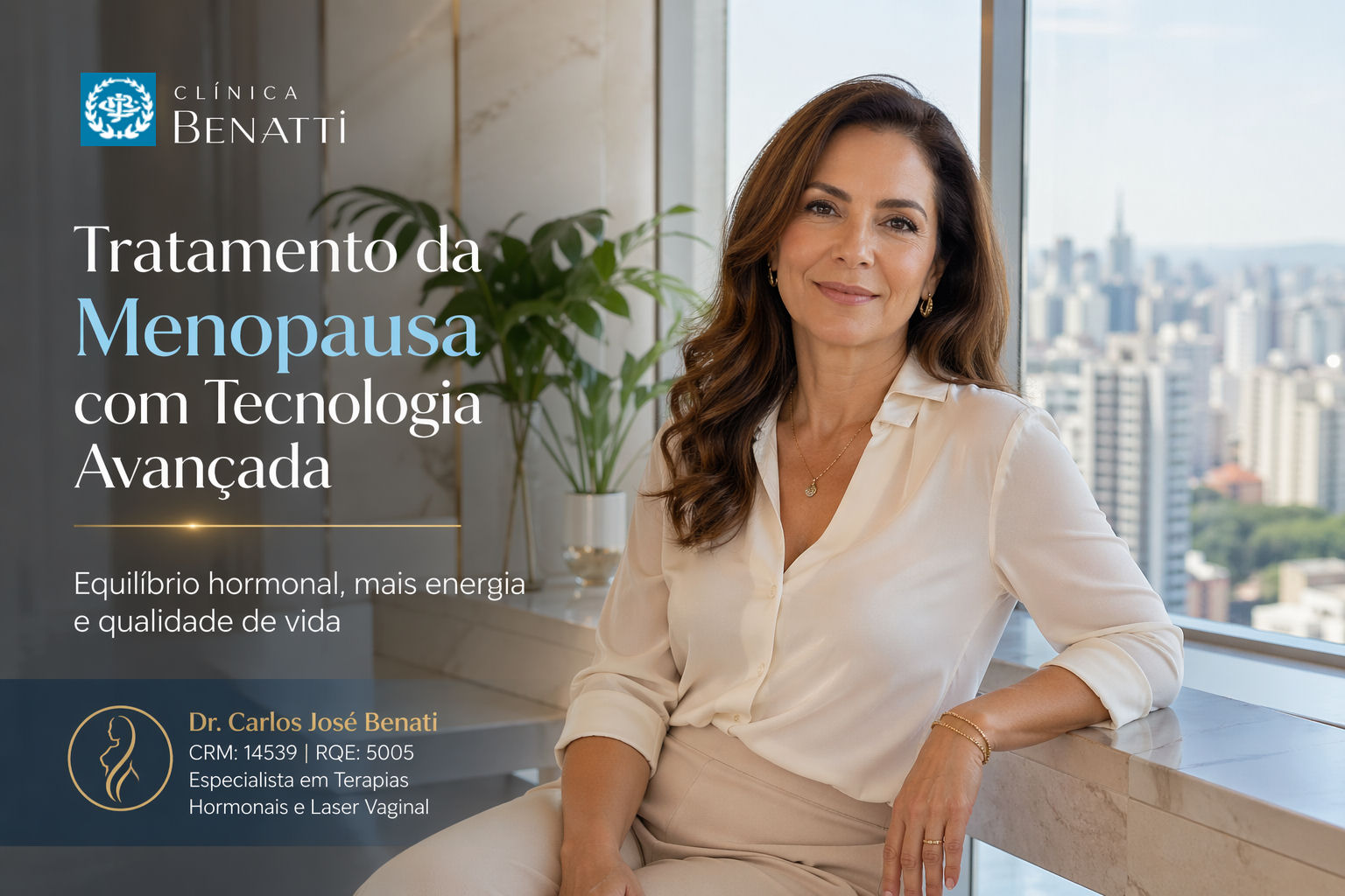 Paciente da Clínica Benatti após tratamento moderno da menopausa com terapia hormonal e laser vaginal em São Paulo.